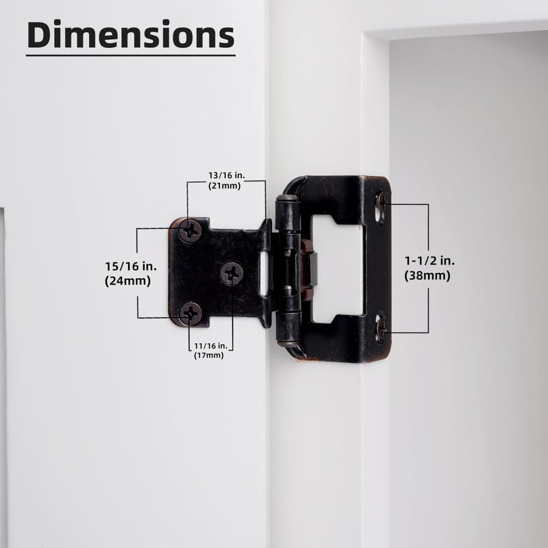 DecoBasics 50 Pack Oil Rubbed Bronze Cabinet Hinges for Cabinet Doors (25 Pairs) â€“ 1/2" Overlay Semi-Wrap Self-Closing Face Frame Hinges for Cupboard & Kitchen Doors w/Quiet Bumpers - Image 3